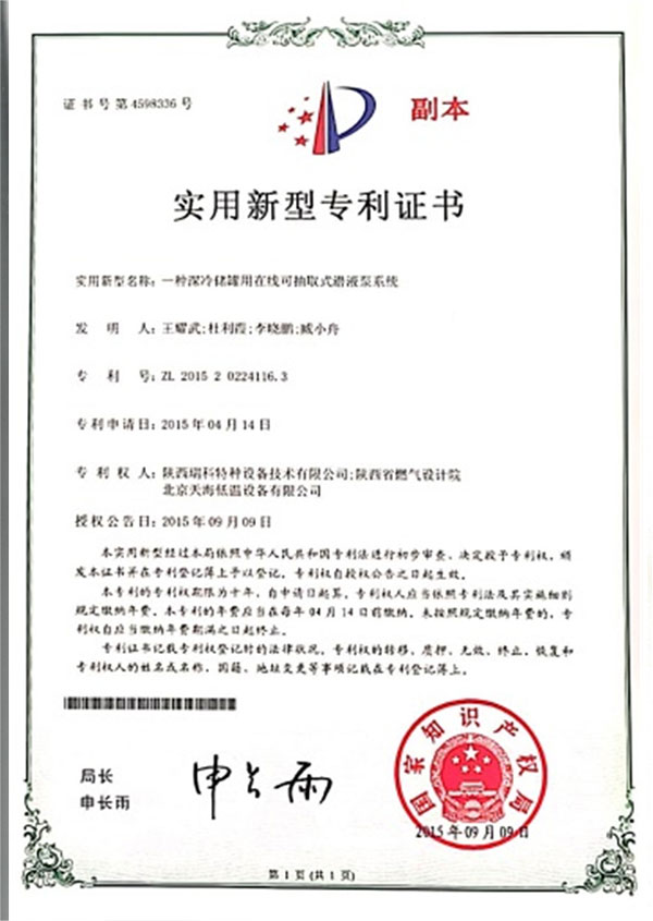 Patent certificate of extractable submersible pump system 